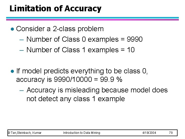 Limitation of Accuracy l Consider a 2 -class problem – Number of Class 0