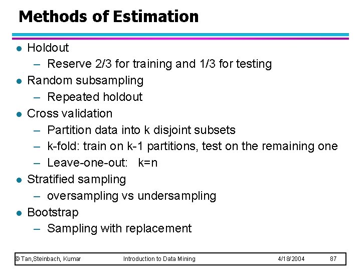 Methods of Estimation l l l Holdout – Reserve 2/3 for training and 1/3