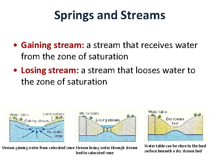 Springs and Streams • Gaining stream: a stream that receives water from the zone