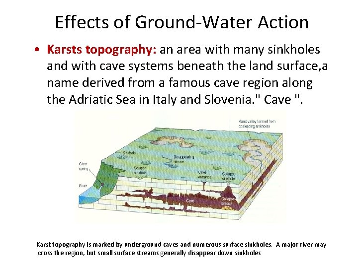 Effects of Ground-Water Action • Karsts topography: an area with many sinkholes and with