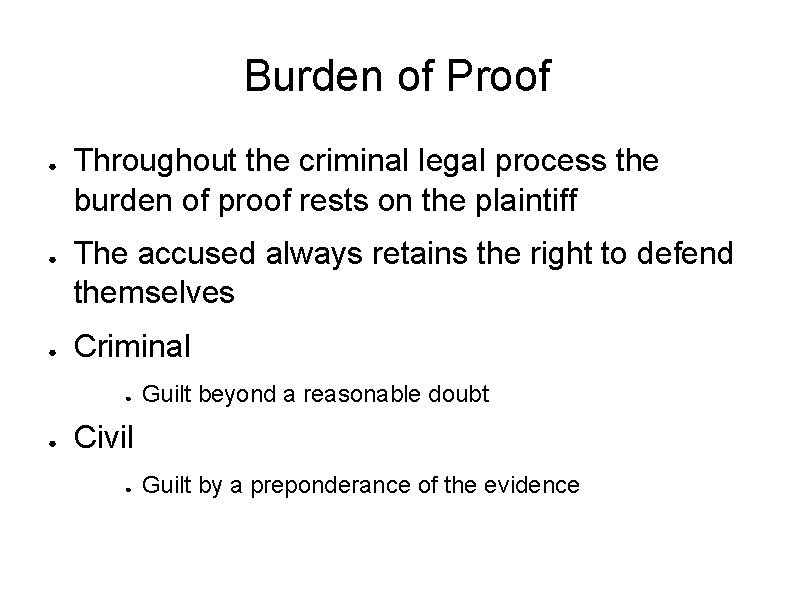 Burden of Proof ● ● ● Throughout the criminal legal process the burden of
