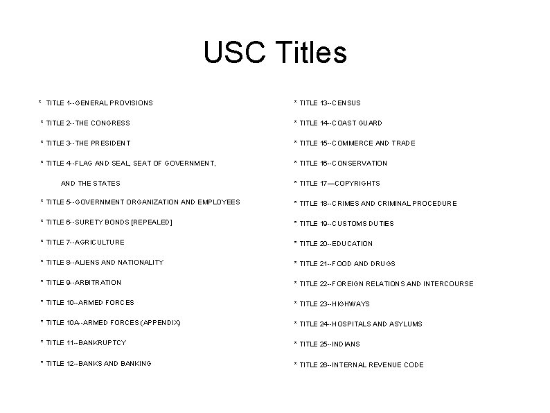 USC Titles * TITLE 1 --GENERAL PROVISIONS * TITLE 13 --CENSUS * TITLE 2