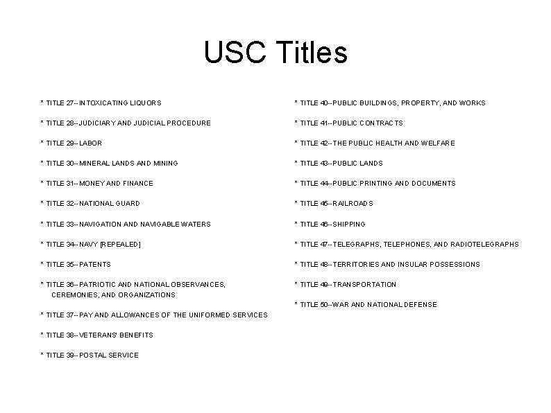 USC Titles * TITLE 27 --INTOXICATING LIQUORS * TITLE 40 --PUBLIC BUILDINGS, PROPERTY, AND