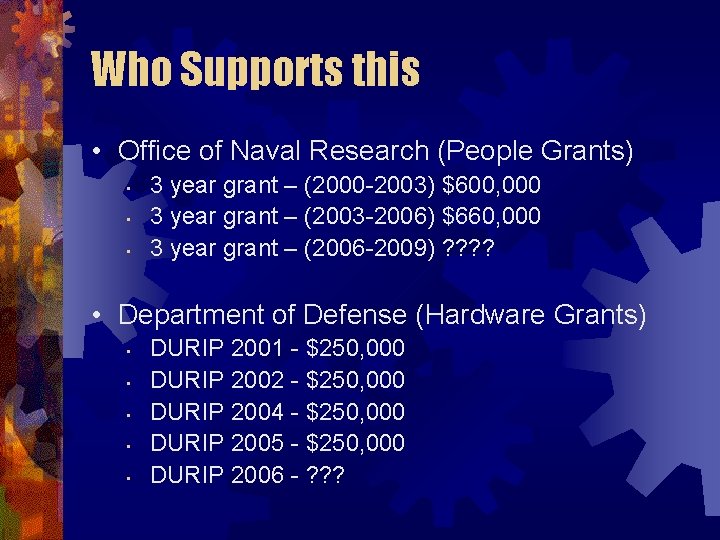 Who Supports this • Office of Naval Research (People Grants) • • • 3