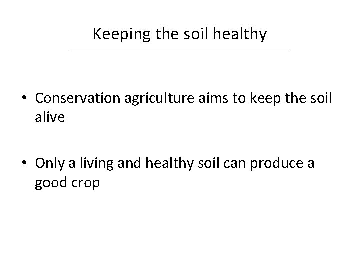 Keeping the soil healthy • Conservation agriculture aims to keep the soil alive •