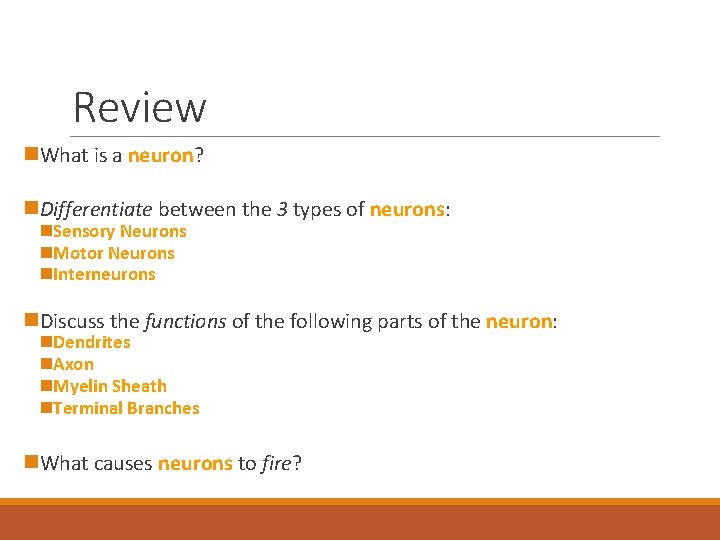 Review n. What is a neuron? n. Differentiate between the 3 types of neurons: