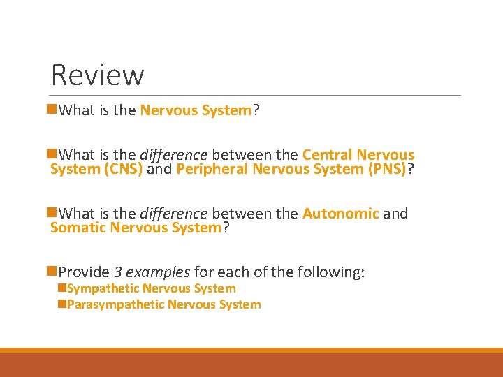 Review n. What is the Nervous System? n. What is the difference between the