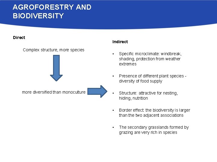 AGROFORESTRY AND BIODIVERSITY Direct Complex structure, more species more diversified than monoculture Indirect •