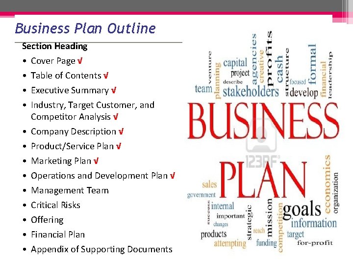 Business Plan Outline Section Heading • • • • Cover Page √ Table of