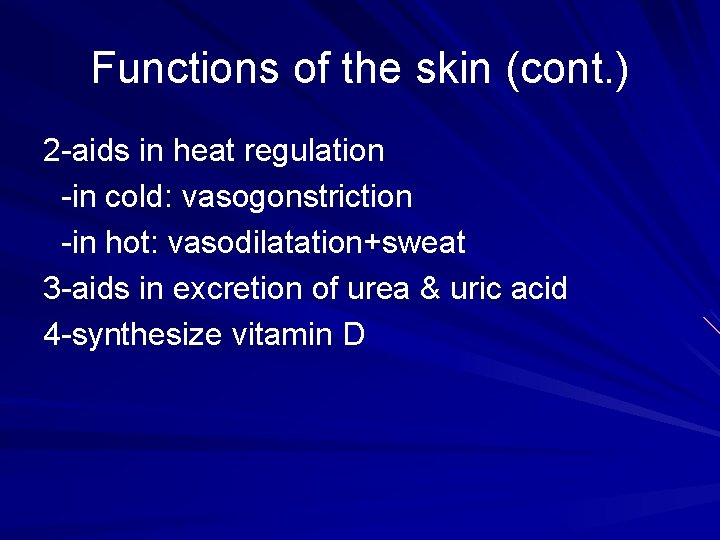 Functions of the skin (cont. ) 2 -aids in heat regulation -in cold: vasogonstriction