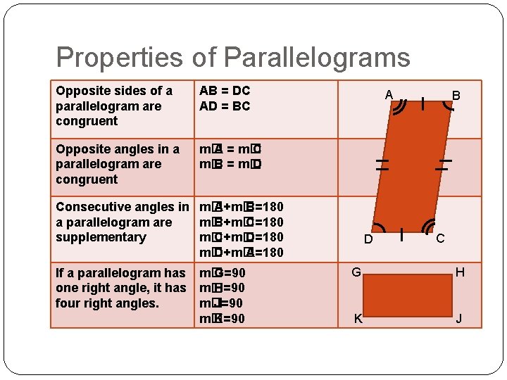 Properties of Parallelograms Opposite sides of a parallelogram are congruent AB = DC AD