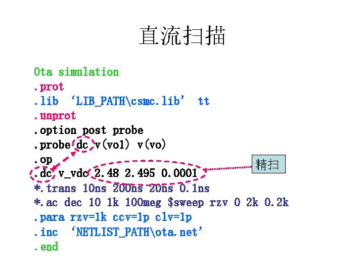 直流扫描 Ota simulation. prot. lib ‘LIB_PATHcsmc. lib’ tt. unprot. option post probe dc v(vo