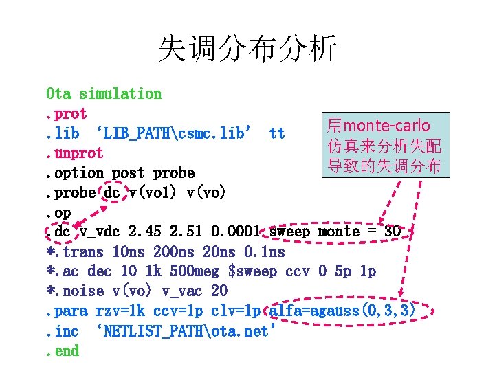 失调分布分析 Ota simulation. prot 用monte-carlo. lib ‘LIB_PATHcsmc. lib’ tt 仿真来分析失配. unprot 导致的失调分布. option post