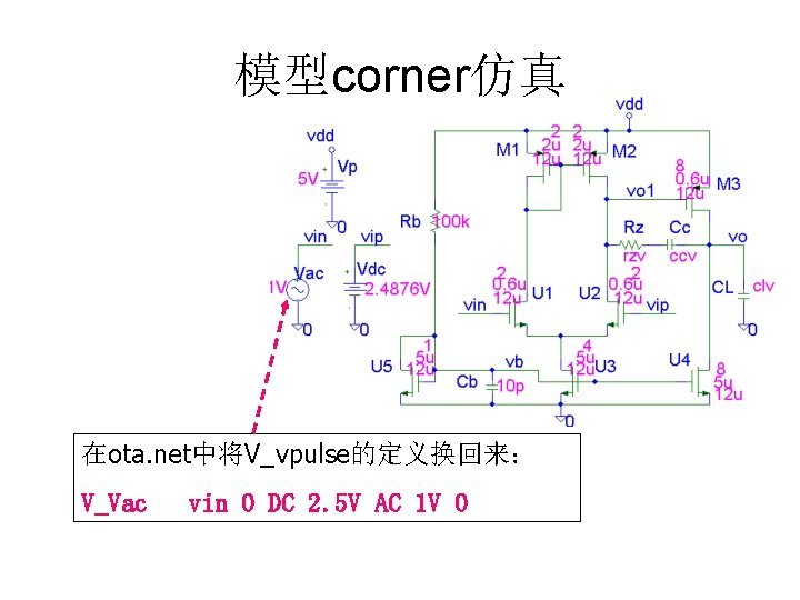 模型corner仿真 在ota. net中将V_vpulse的定义换回来： V_Vac vin 0 DC 2. 5 V AC 1 V 0