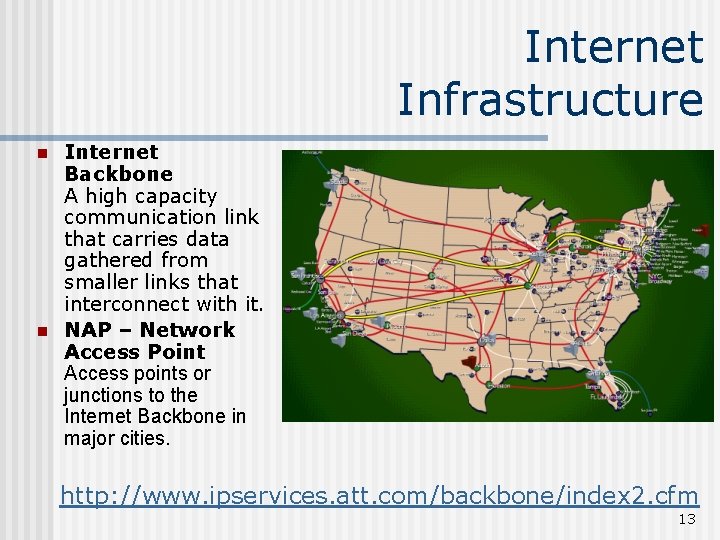 Internet Infrastructure n n Internet Backbone A high capacity communication link that carries data