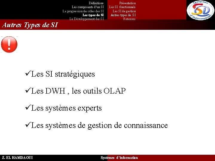 Définitions Les composants d’un SI La progression des rôles des SI Les types de