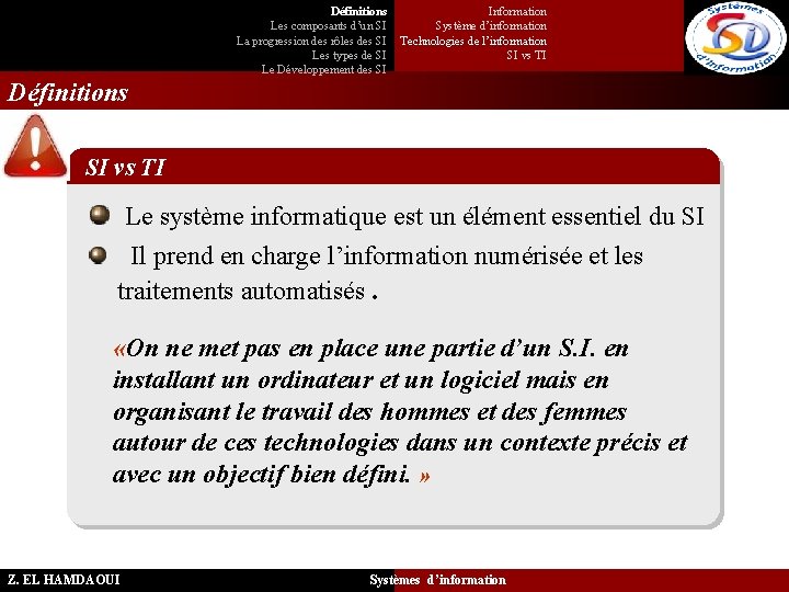 Définitions Les composants d’un SI La progression des rôles des SI Les types de