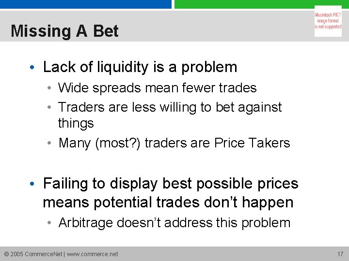 Missing A Bet • Lack of liquidity is a problem • Wide spreads mean