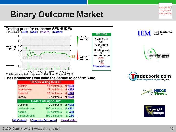 Binary Outcome Market © 2005 Commerce. Net | www. commerce. net 19 