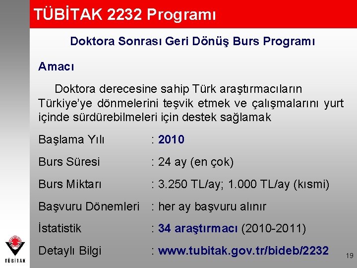 TÜBİTAK 2232 Programı Doktora Sonrası Geri Dönüş Burs Programı Amacı Doktora derecesine sahip Türk