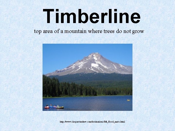 Timberline top area of a mountain where trees do not grow http: //www. sleeparoundnw. Timberline top area of a mountain where trees do not grow http: //www. sleeparoundnw.