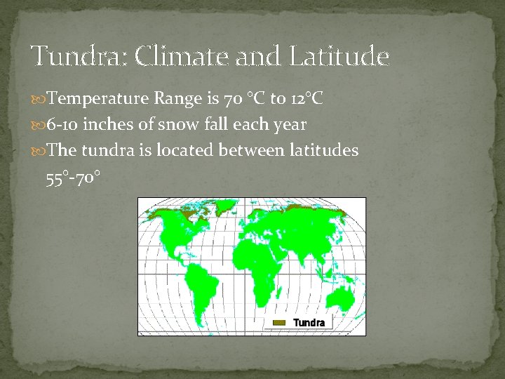 Tundra: Climate and Latitude Temperature Range is 70 °C to 12°C 6 -10 inches