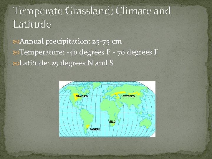 Temperate Grassland: Climate and Latitude Annual precipitation: 25 -75 cm Temperature: -40 degrees F
