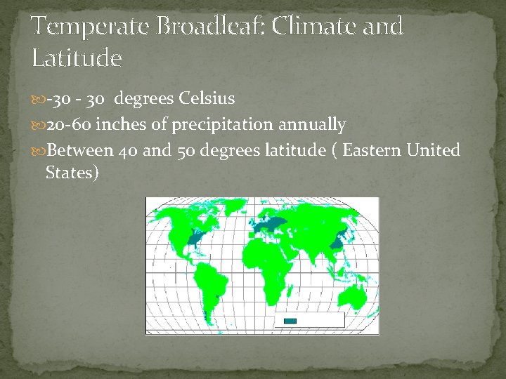 Temperate Broadleaf: Climate and Latitude -30 - 30 degrees Celsius 20 -60 inches of
