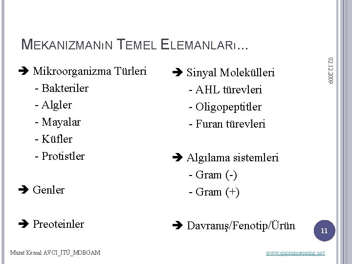 MEKANIZMANıN TEMEL ELEMANLARı. . . Sinyal Molekülleri - AHL türevleri - Oligopeptitler - Furan
