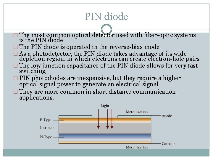 PIN diode � The most common optical detector used with fiber-optic systems is the