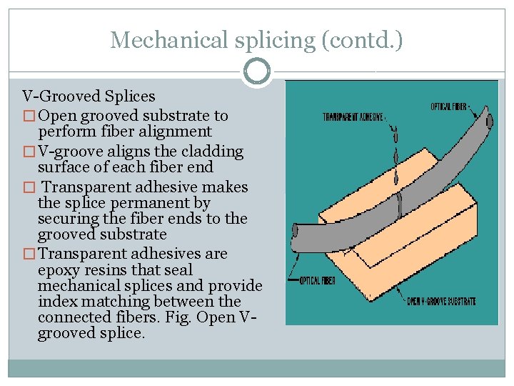 Mechanical splicing (contd. ) V-Grooved Splices � Open grooved substrate to perform fiber alignment