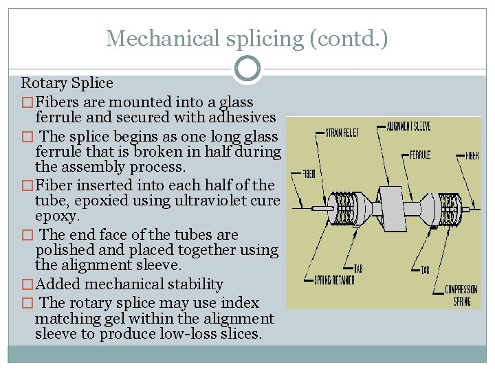 Mechanical splicing (contd. ) Rotary Splice � Fibers are mounted into a glass ferrule