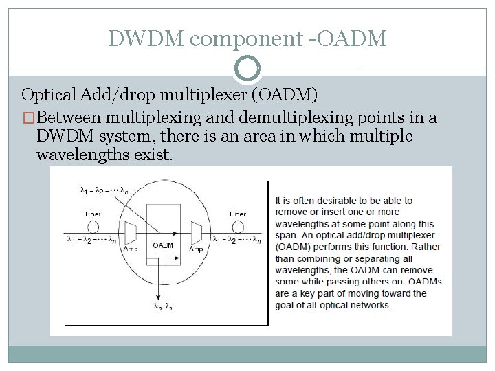 DWDM component -OADM Optical Add/drop multiplexer (OADM) �Between multiplexing and demultiplexing points in a