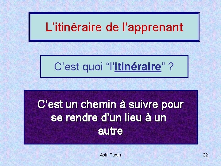 L’itinéraire de l'apprenant C’est quoi “l'itinéraire” ? C’est un chemin à suivre pour se