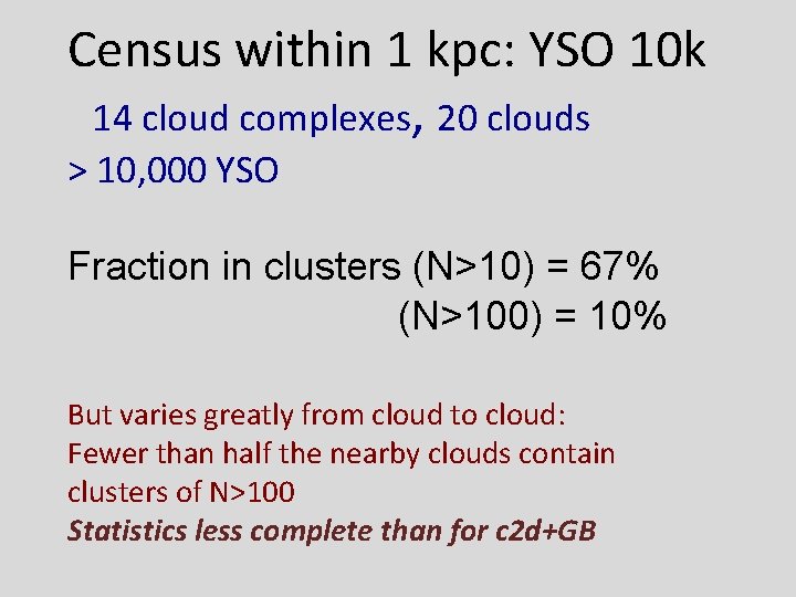 Census within 1 kpc: YSO 10 k 14 cloud complexes, 20 clouds > 10,