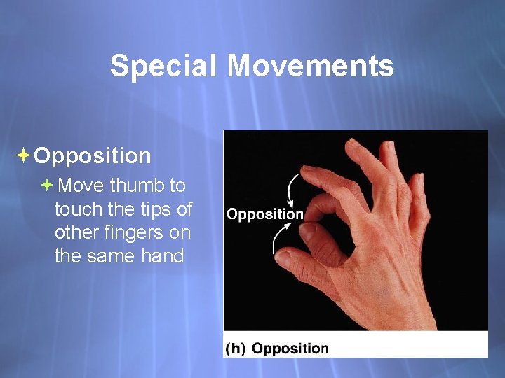 Special Movements Opposition Move thumb to touch the tips of other fingers on the