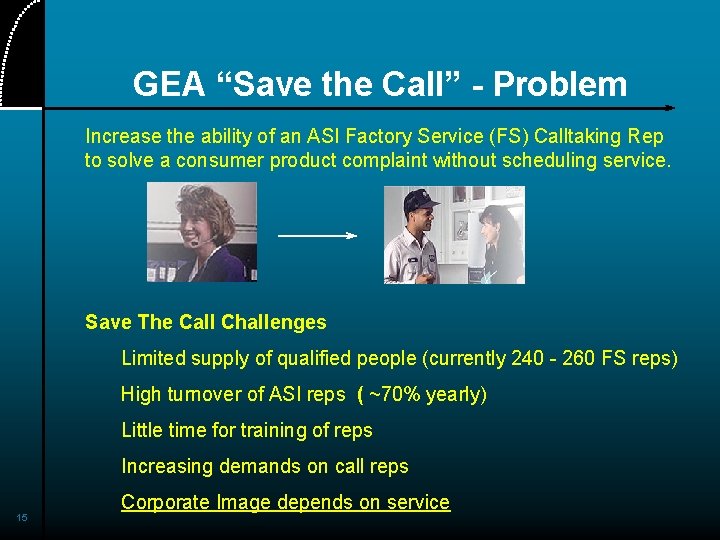 GEA “Save the Call” - Problem Increase the ability of an ASI Factory Service