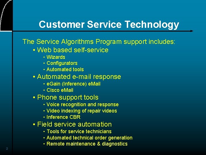 Customer Service Technology The Service Algorithms Program support includes: • Web based self-service •