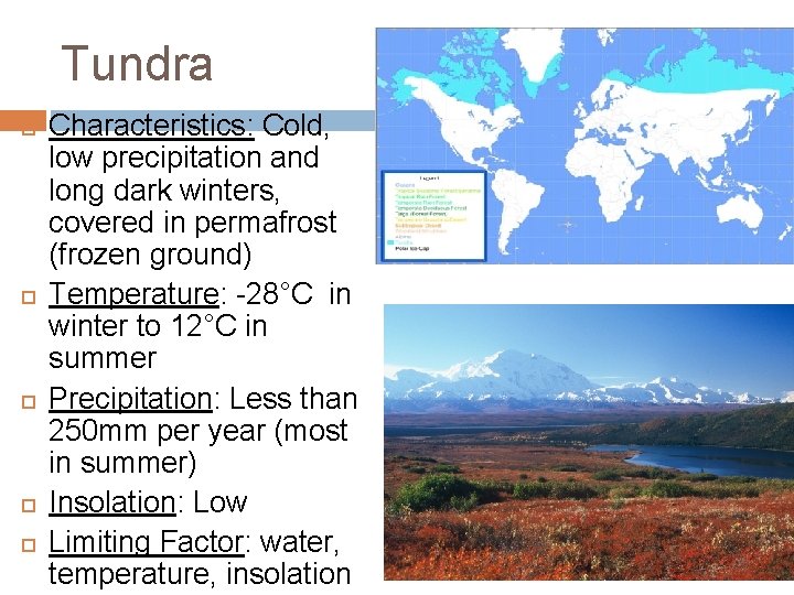 Tundra Characteristics: Cold, low precipitation and long dark winters, covered in permafrost (frozen ground) Tundra Characteristics: Cold, low precipitation and long dark winters, covered in permafrost (frozen ground)