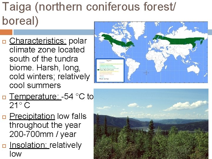 Taiga (northern coniferous forest/ boreal) Characteristics: polar climate zone located south of the tundra Taiga (northern coniferous forest/ boreal) Characteristics: polar climate zone located south of the tundra
