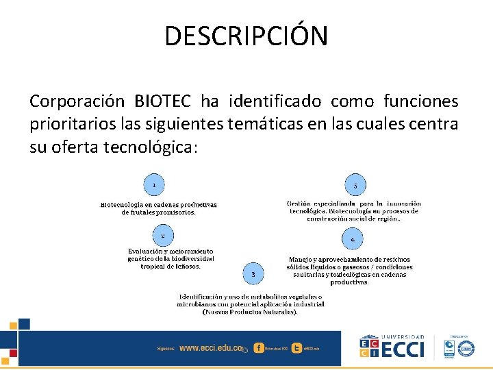 DESCRIPCIÓN Corporación BIOTEC ha identificado como funciones prioritarios las siguientes temáticas en las cuales