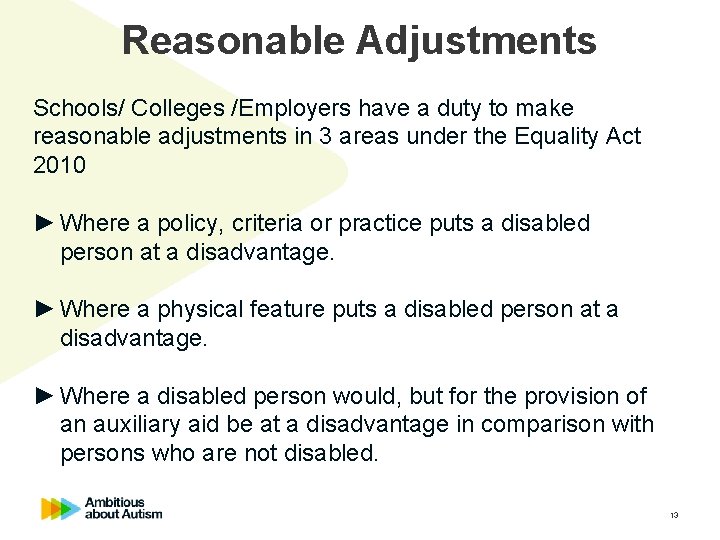 Reasonable Adjustments Schools/ Colleges /Employers have a duty to make reasonable adjustments in 3