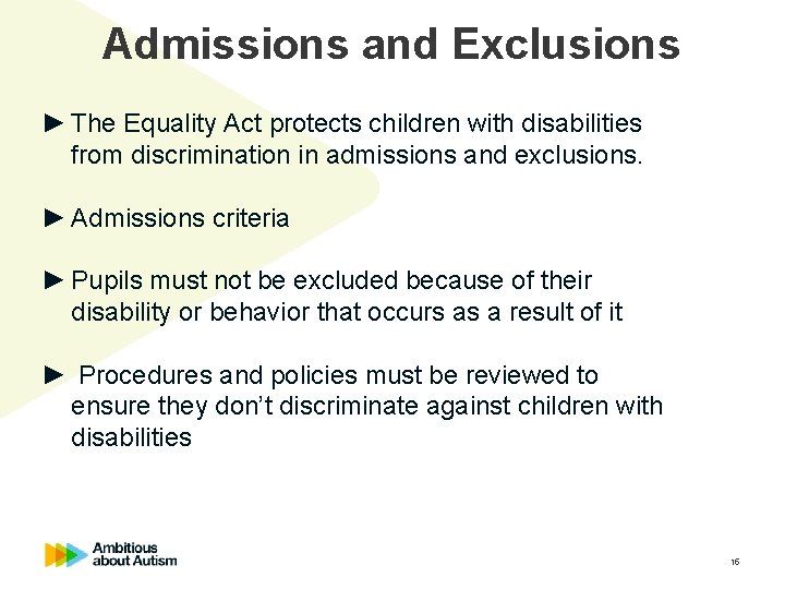 Admissions and Exclusions ► The Equality Act protects children with disabilities from discrimination in