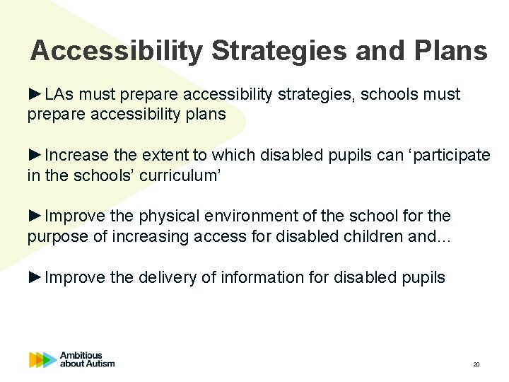 Accessibility Strategies and Plans ►LAs must prepare accessibility strategies, schools must prepare accessibility plans