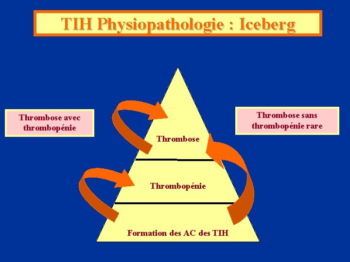 TIH Physiopathologie : Iceberg Thrombose sans thrombopénie rare Thrombose avec thrombopénie Thrombose Thrombopénie Formation