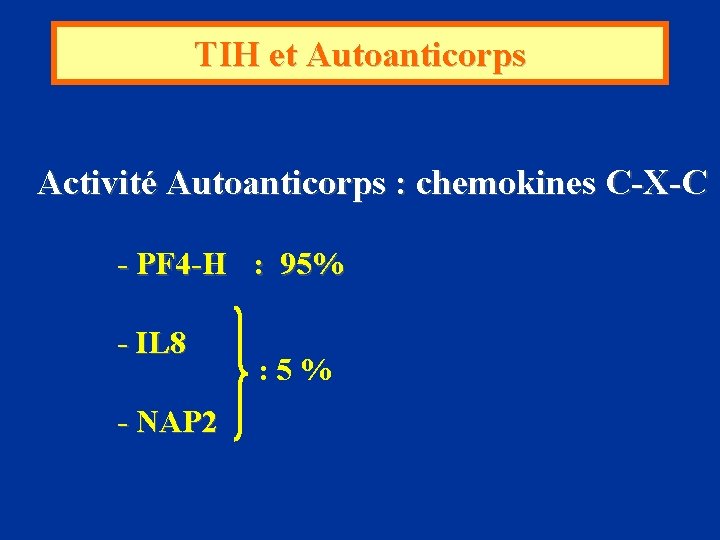 TIH et Autoanticorps Activité Autoanticorps : chemokines C-X-C - PF 4 -H : 95%