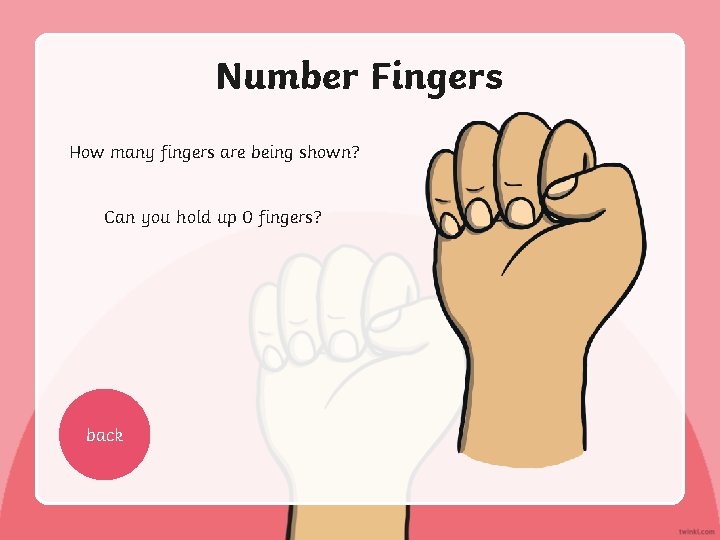 Number Fingers How many fingers are being shown? Can you hold up 0 fingers?