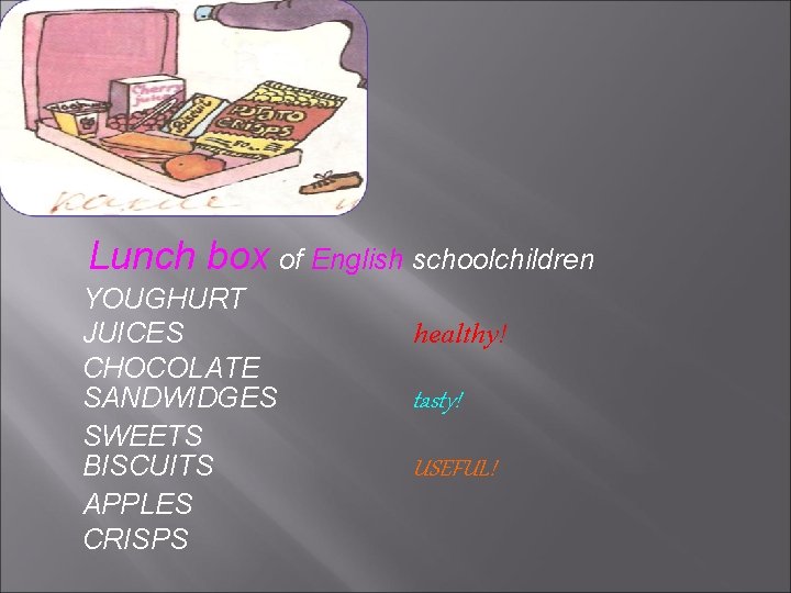 Lunch box of Еnglish schoolchildren YOUGHURT JUICES CHOCOLATE SANDWIDGES SWEETS BISCUITS APPLES CRISPS healthy!