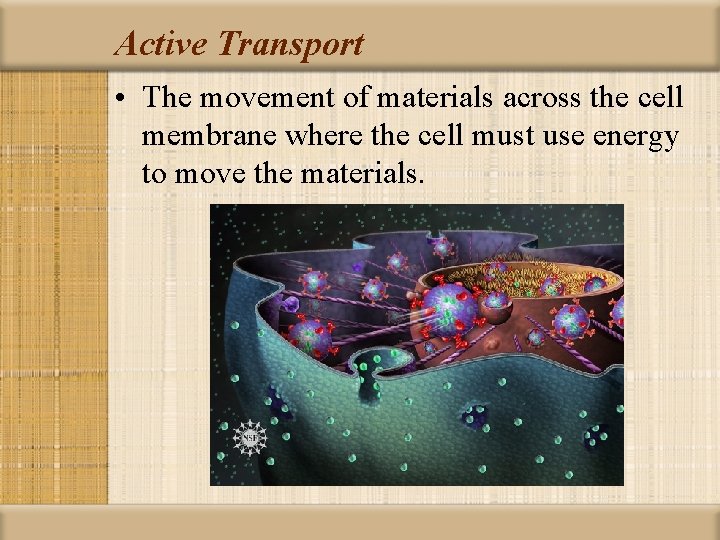Active Transport • The movement of materials across the cell membrane where the cell
