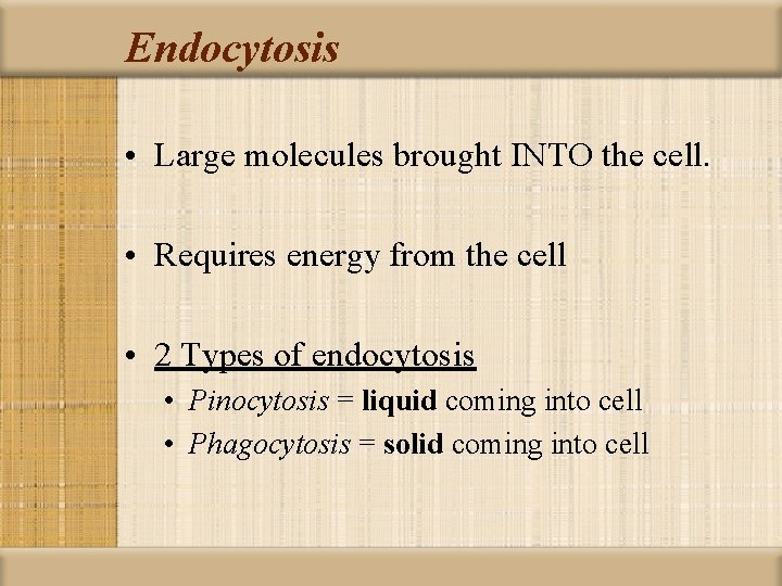 Endocytosis • Large molecules brought INTO the cell. • Requires energy from the cell
